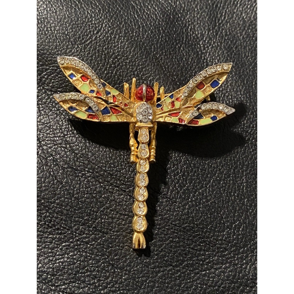 Vintage Dragonfly Brooch Gold Tone Clear Rhinestone Red Blue Yellow Green Enamel
